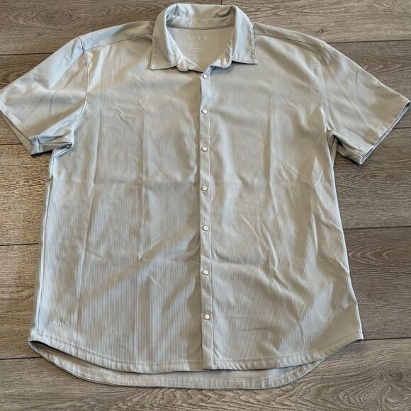 BYLT Premium Basics Shirt Mens XXL Beige Ribbed Short Sleeve Button Up Casual - Picture 2 of 7